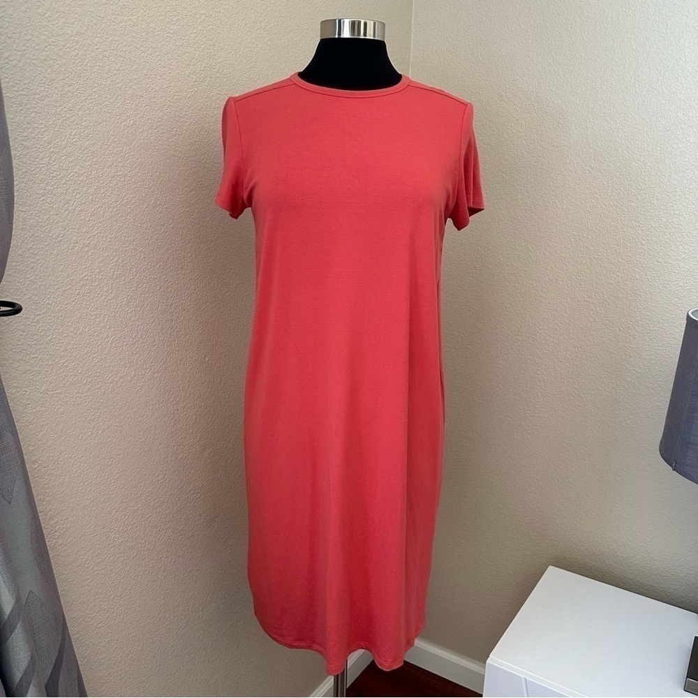 EILEEN FISHER Coral jersey round neck Midi T-Shirt Dress Size S